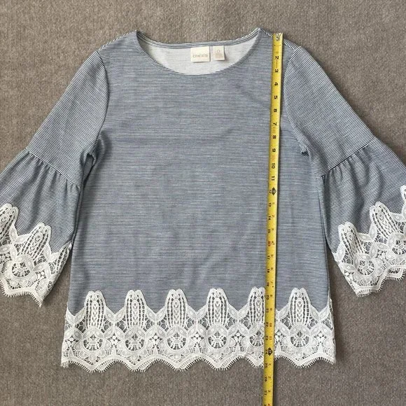 Chico's Shirt Womens 0 (Small) Blue White Striped Lace Bell Sleeves Hem Casual - Picture 7 of 8